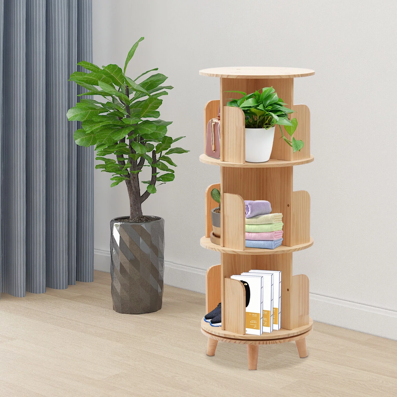3 Tiers 360° Rotating Bookshelf Wood Bookcase Storage Shelf Freestanding Display Rack
