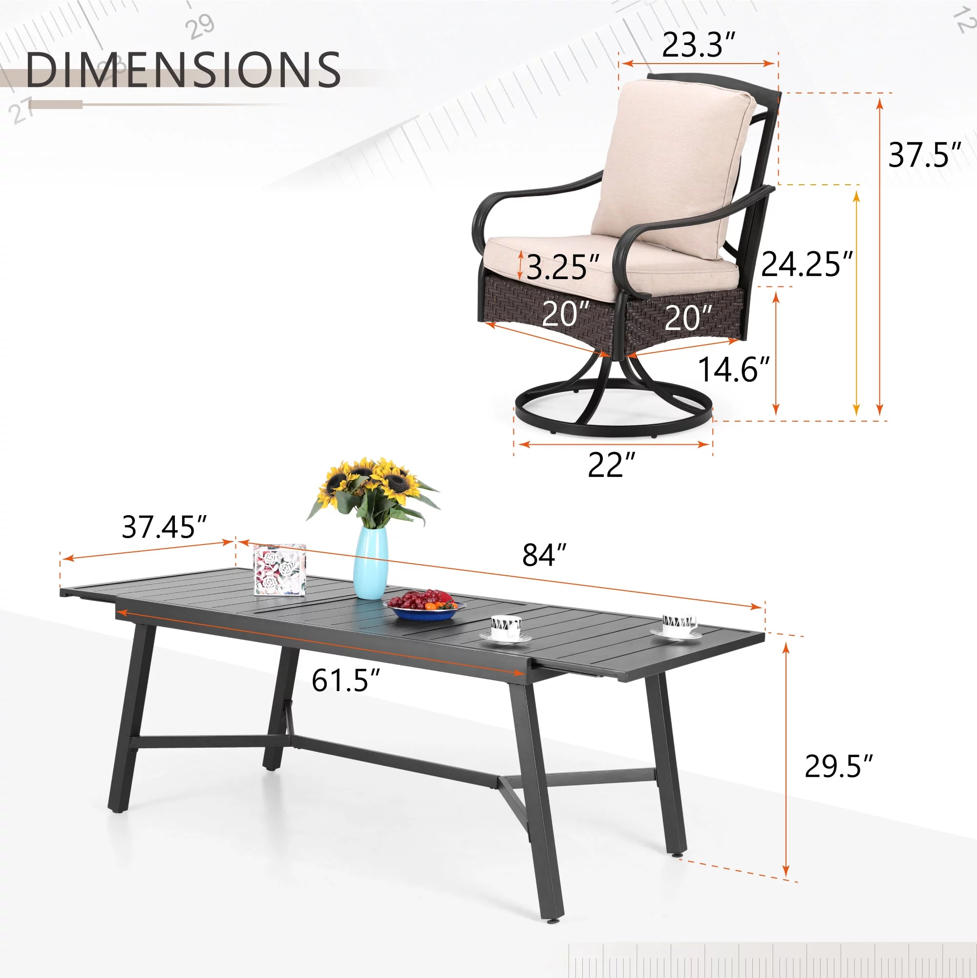 Sophia & William 9-Piece Patio Dining Set with Extendable Table & 8 Swivel Chairs, Black & Beige
