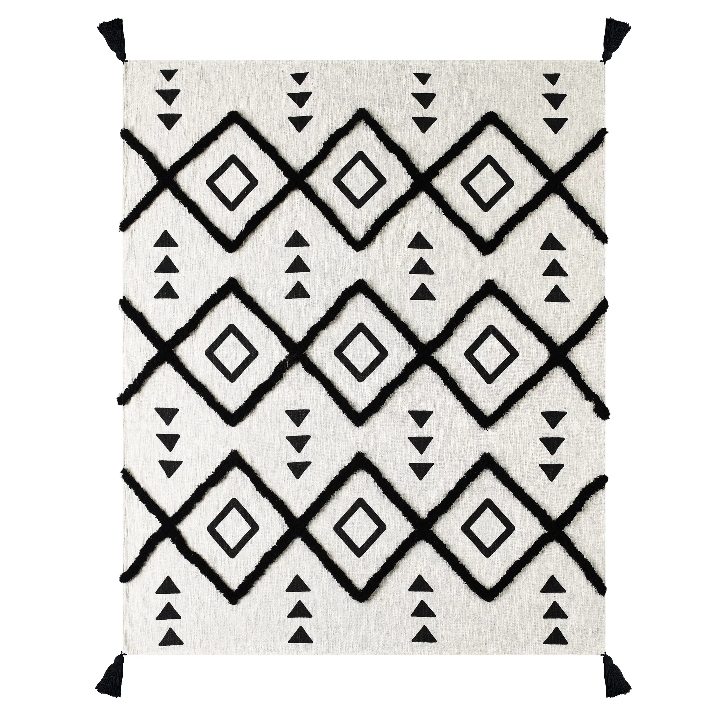 LR Home Tufted Double Diamond Cotton Throw Blanket, Black / White, 50