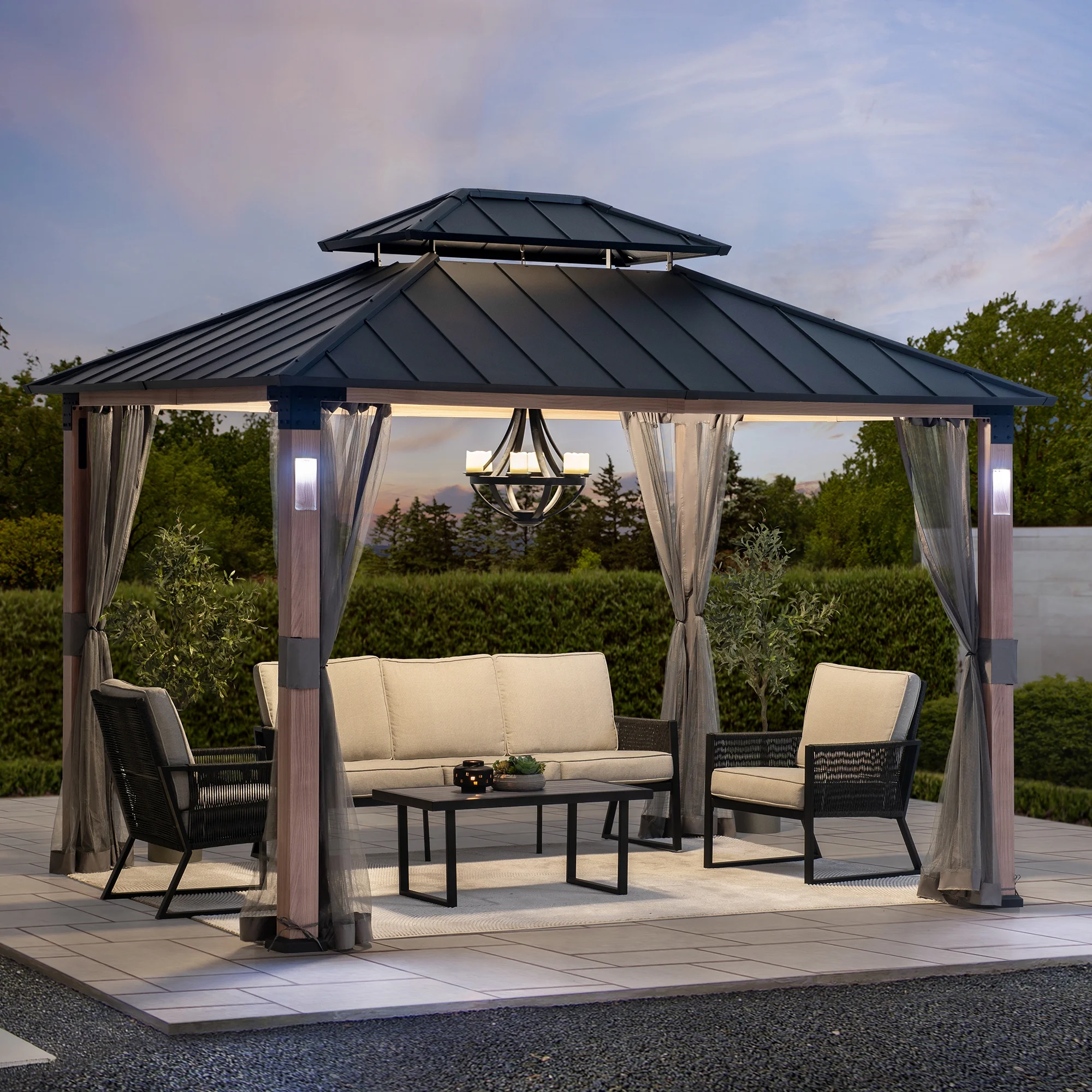 Sunjoy 10 ft. x 12 ft. Hardtop Gazebo with Netting & LED Lights (Batteries operated) and Remote control