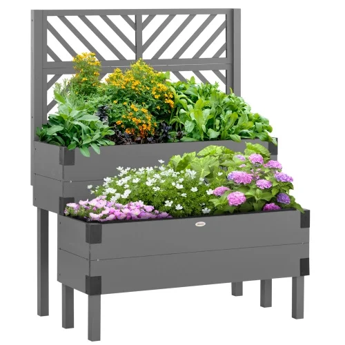 Buumin Outsunny Raised Garden Bed with Trellis, 2 Tier Wooden Elevated Planter Box with Legs and Metal Corners, for Vegetables, Flowers, Herbs, Gray