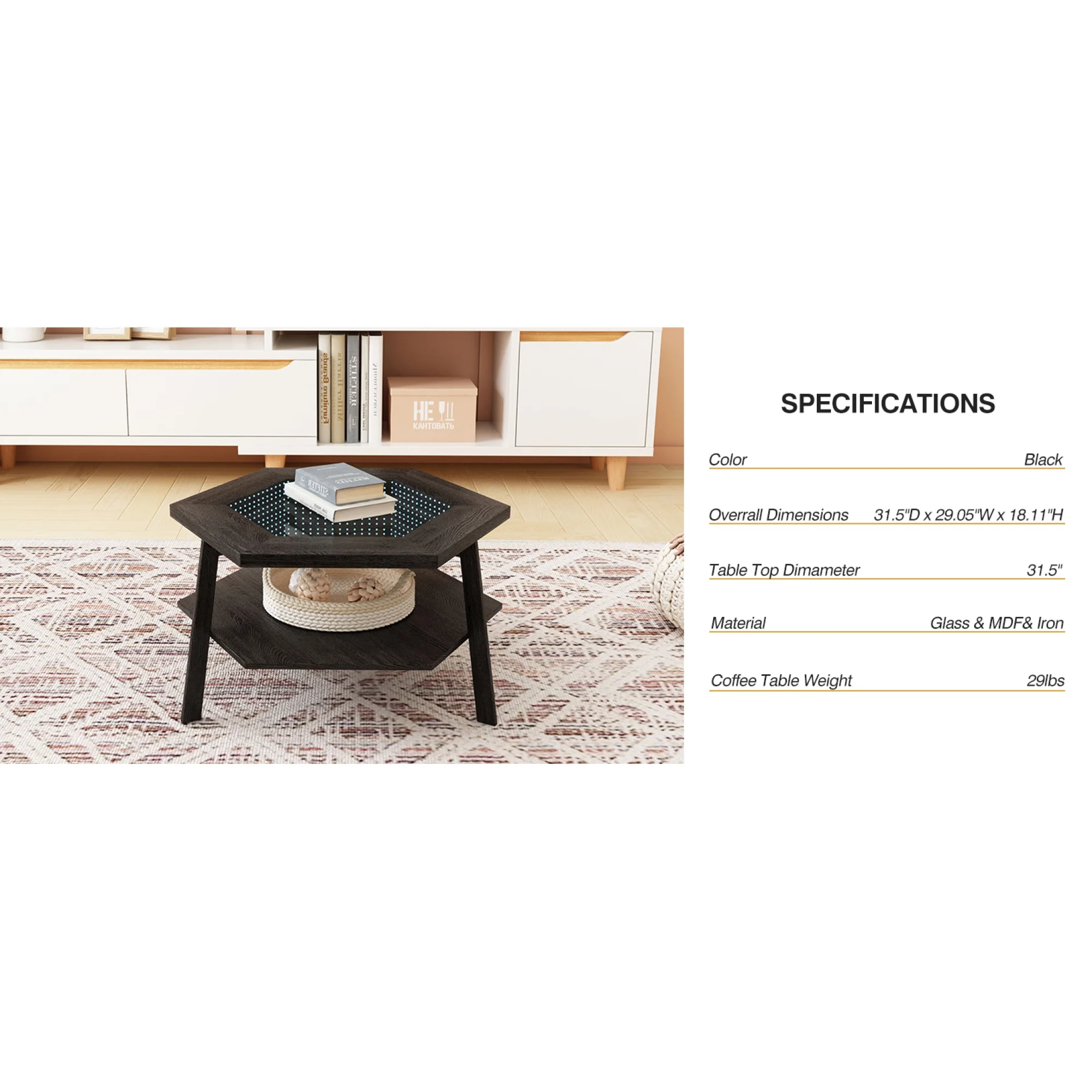 Modern Hexagon Smart Coffee Table with Voice-Activated LED Lights, Bluetooth - Living Room, Reception Room
