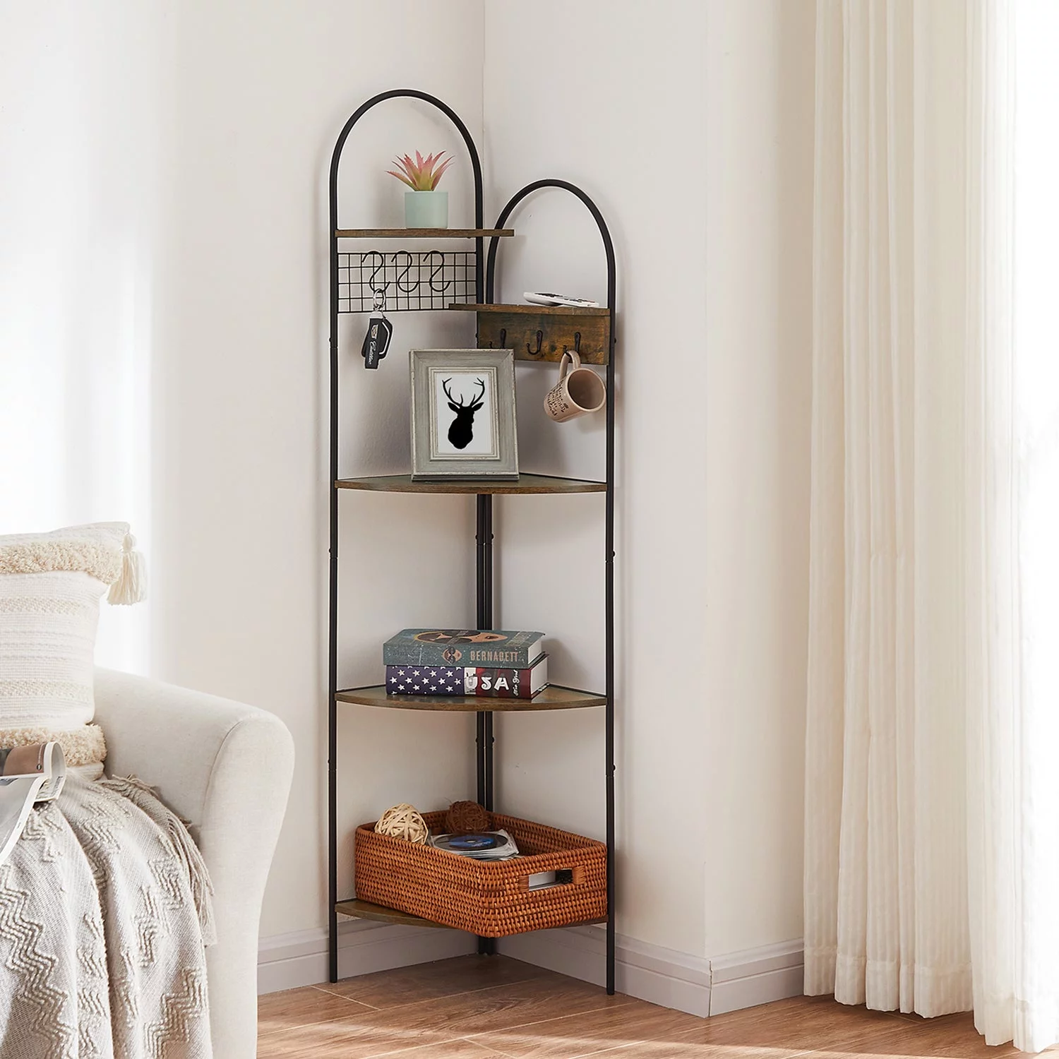 VECELO 5 Tier Corner Shelf Stand/Bookshelf with Hanging Hooks, 58 Inches Industrial Display Storage Rack with Metal Frame, Brown