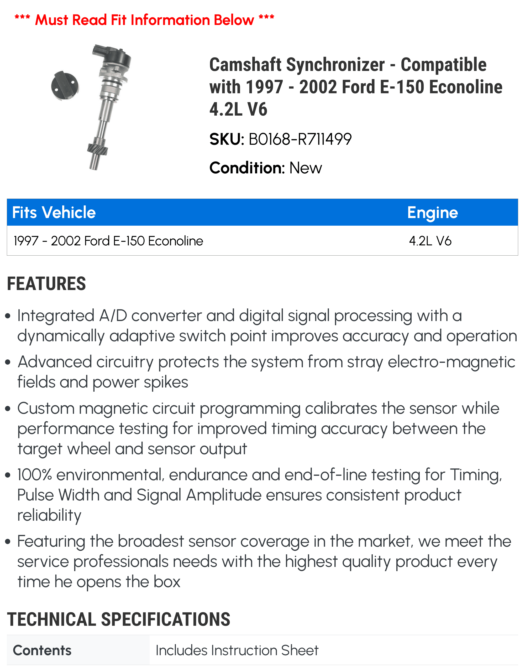 Camshaft Synchronizer - Compatible with 1997 - 2002 Ford E-150 Econoline 4.2L V6 1998 1999 2000 2001