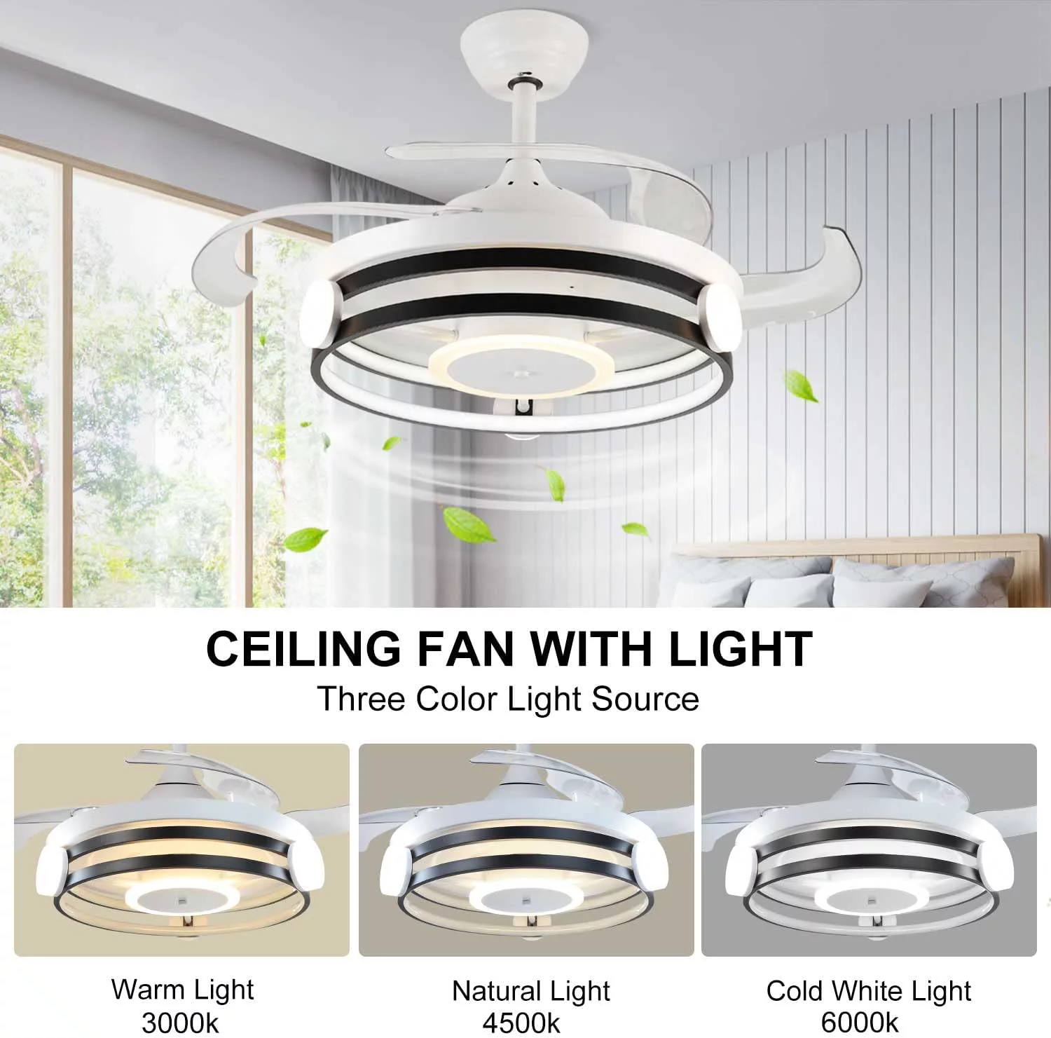 Depuley Retractable Dimmable LED Ceiling Fan Light Remote 3-Color 6-Speed Chandelier, Low Profile Ceiling Fan with Light, Timing