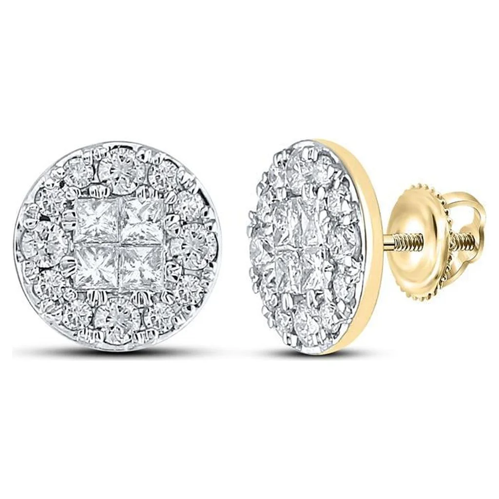 14k Yellow Gold Princess Round Diamond Cluster Earrings 1/2 Cttw
