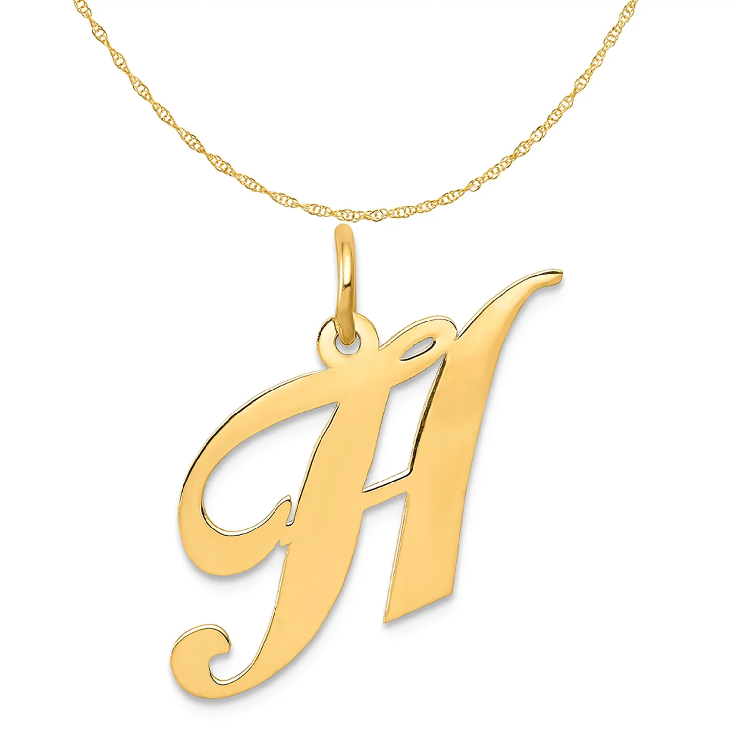 Carat in Karats 14K Yellow Gold Medium Fancy Script Letter H Initial Pendant Charm With 14K Yellow Gold Lightweight Rope Chain Necklace 20''