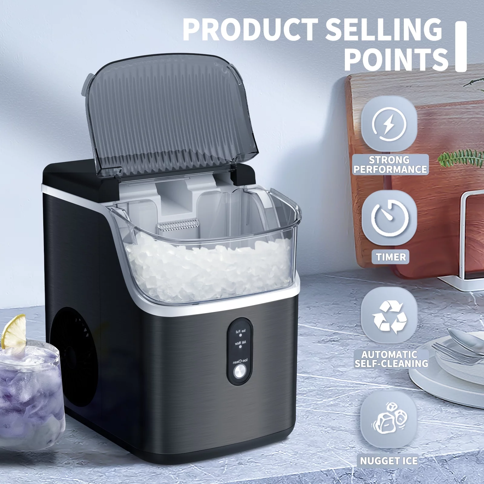 Auseo Nugget Ice Maker Countertop, Portable Ice Maker Machine with Self-Cleaning Function, 33lbs/24H, Easy Operation, Pellet Ice Maker for Home/Kitchen/Office/Party-Black
