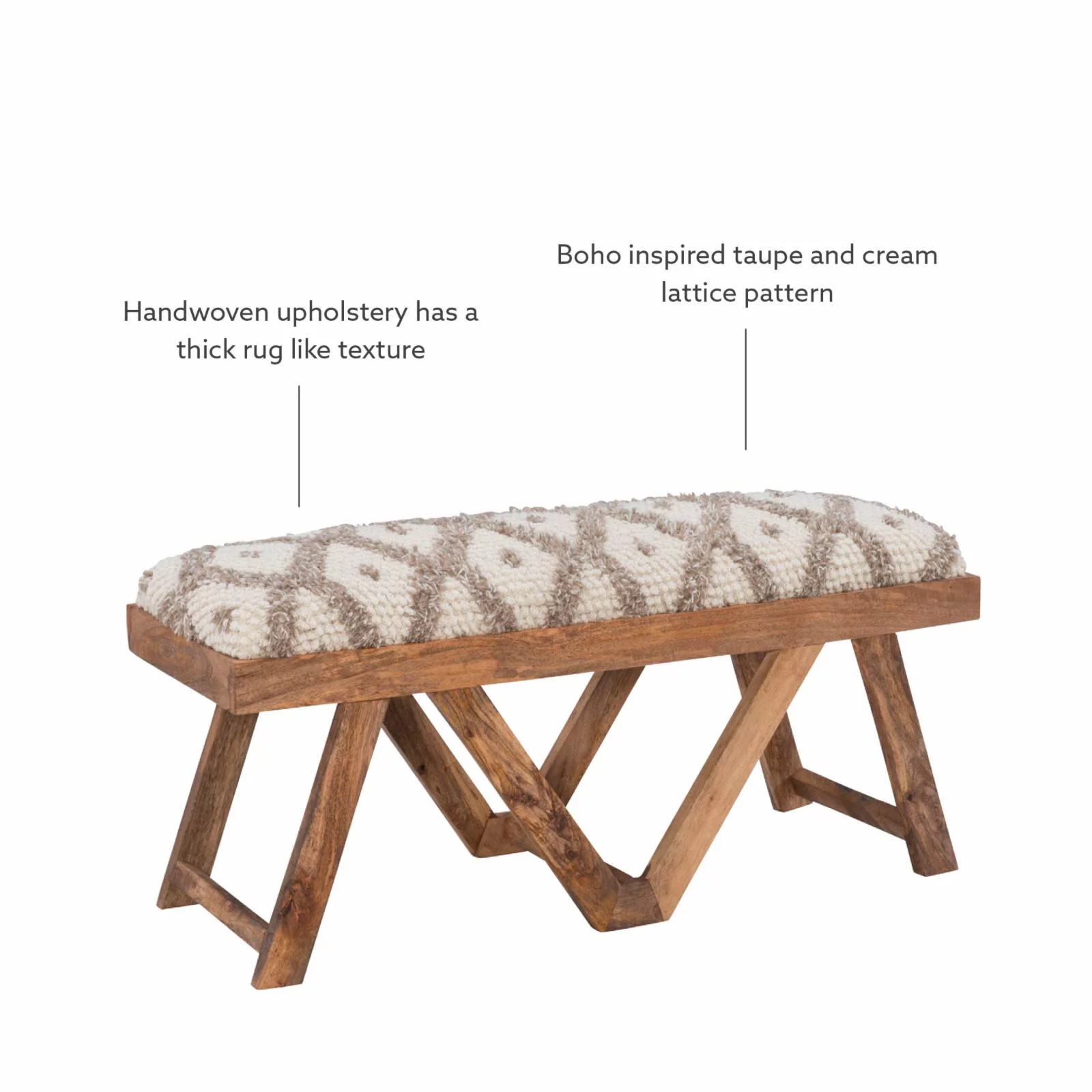 Powell Byan Bench - Brown with Off-White and Taupe Handwoven Diamond Pattern Fabric