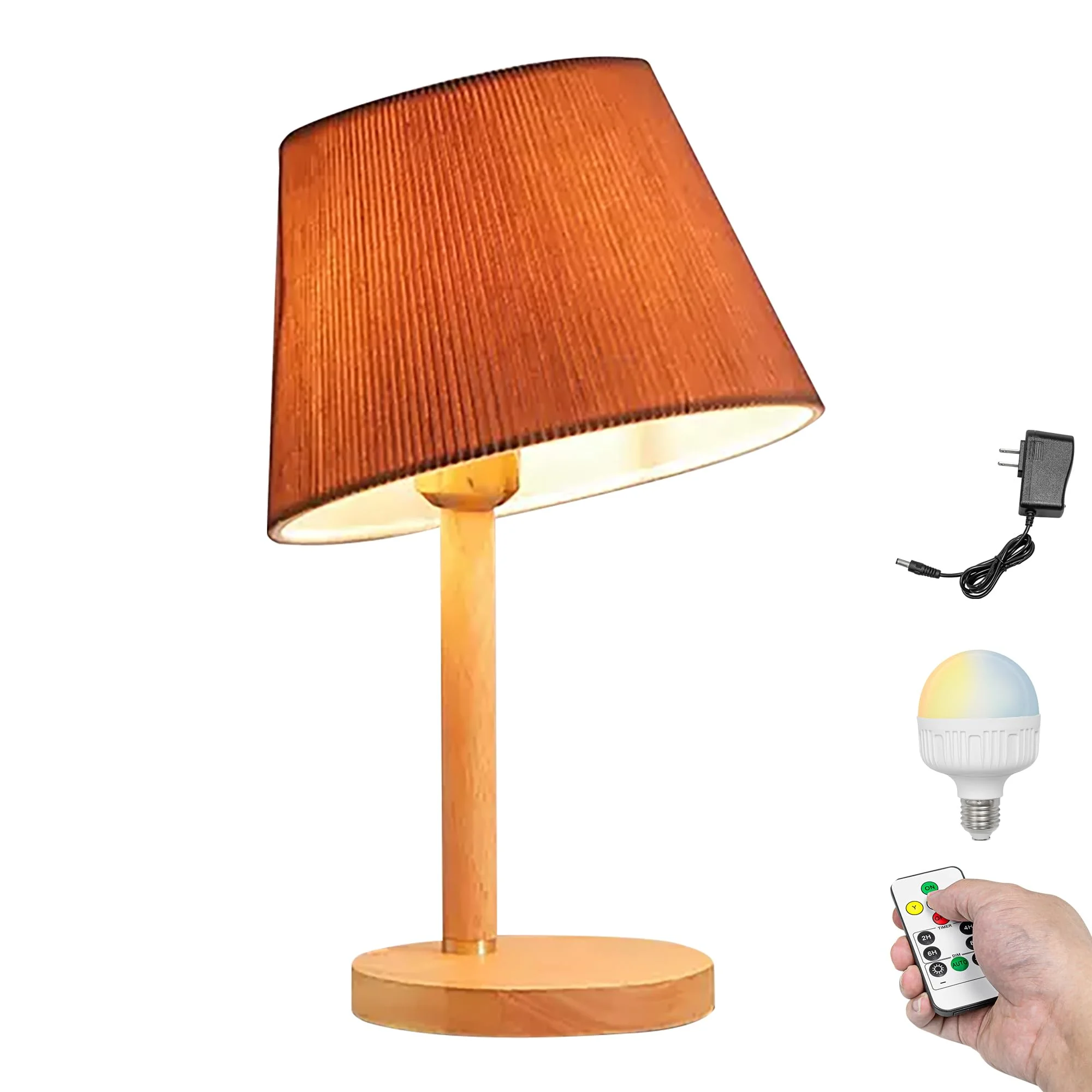 Kiven Cordless Table Lamp, Dimmable Desk Lamp with Brown Pleated Lampshade, Farmhouse Nightstand Lamp with Rechargeable LED Bulb for Reading Living Room Office Bedside, 1-Light