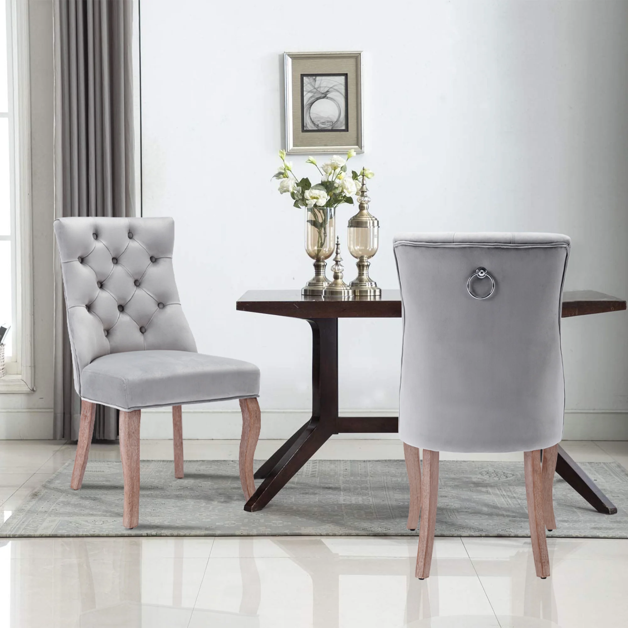Foredo Elegant Velvet Dining Chairs Set of 2, Upholstered Dining Chairs with Button Tufted Back and Solid Wood Legs, Side Chairs for Dining Room Living Room, Light Gray