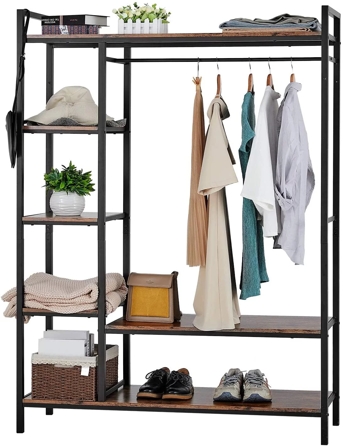 Homfa Clothes Rack, 47.24'' Wardrobe Closet, Freestanding Garment Rack with Shelves, Brown
