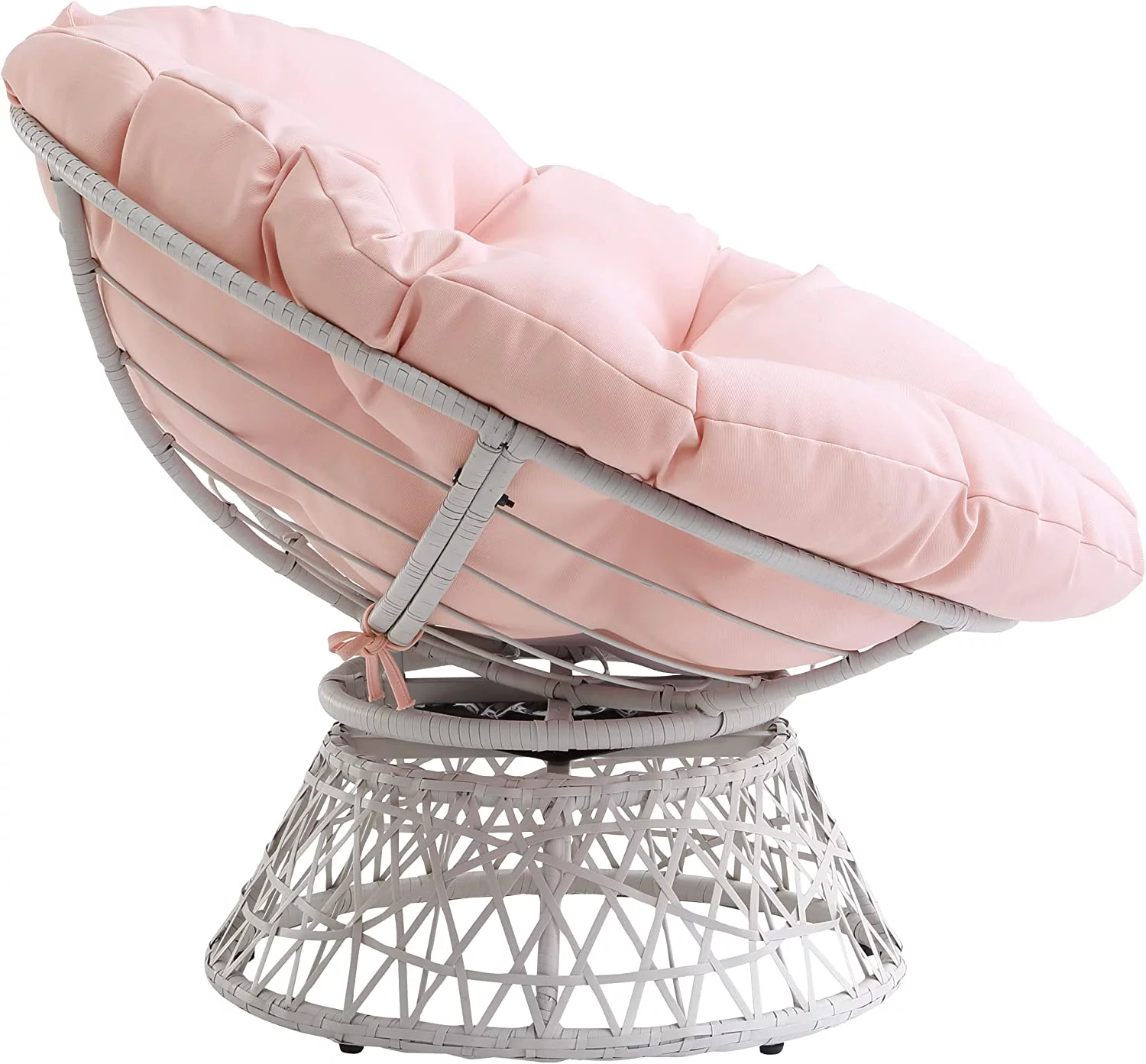 HYUN Wicker Papasan Chair with 360-Degree Swivel, Cream Frame with Pink Cushion