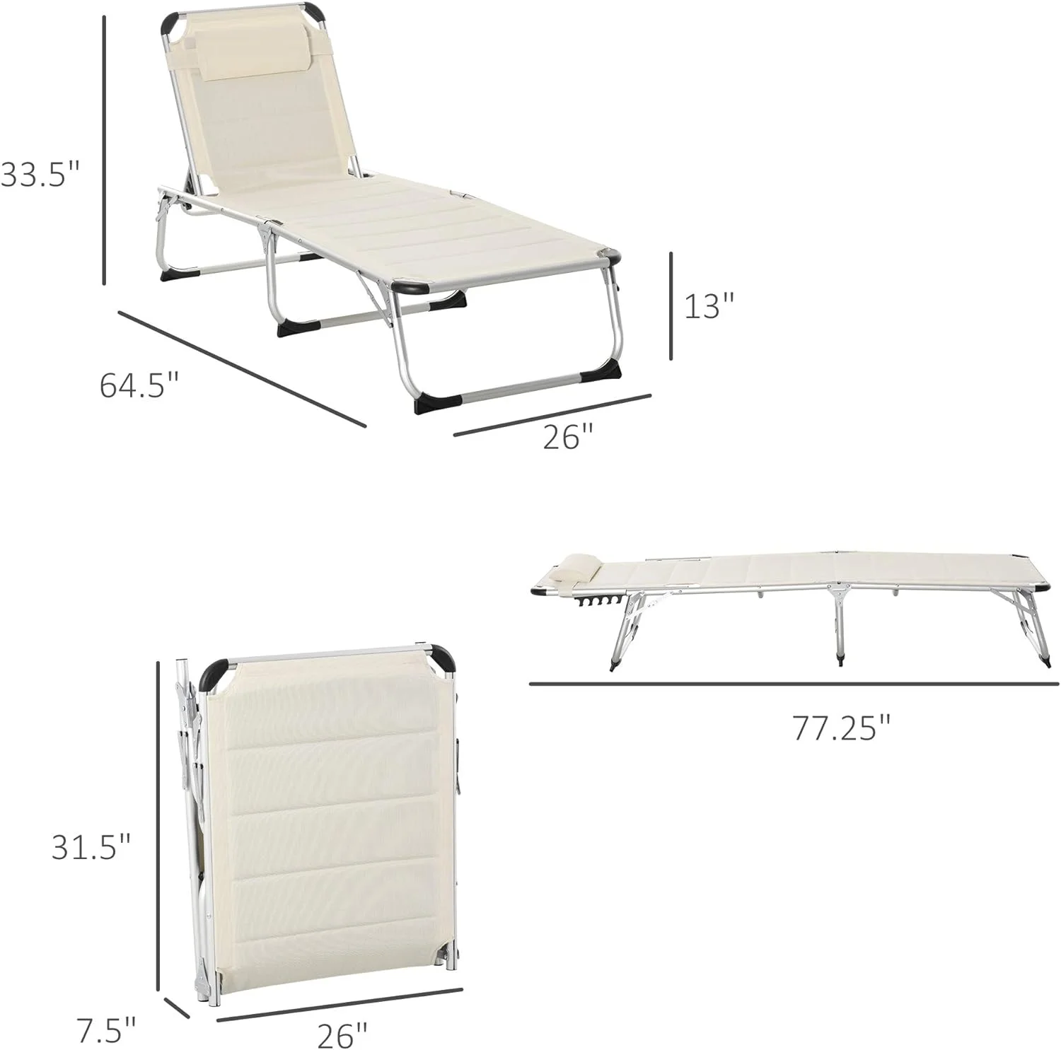 Outsunny Foldable Reclining Pool & Beach Chair w/ Pillow, White