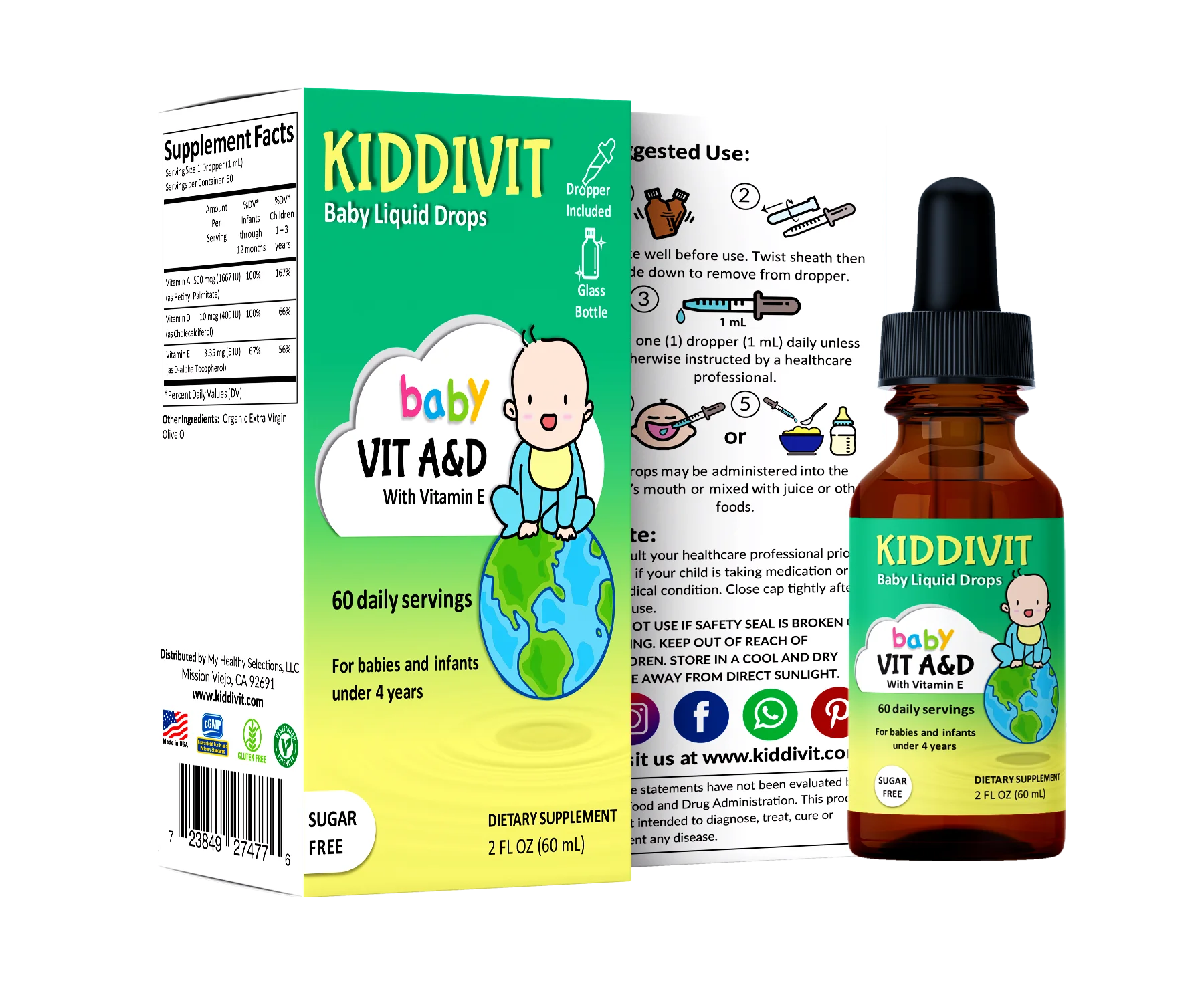 Kiddivit Baby Vitamin A&D Liquid Drops With Vitamin E - 60 Daily Servings, 2 FL OZ (60 mL) - Dropper Included, Glass Bottle - Sugar Free, Gluten Free, Vegetarian Friendly