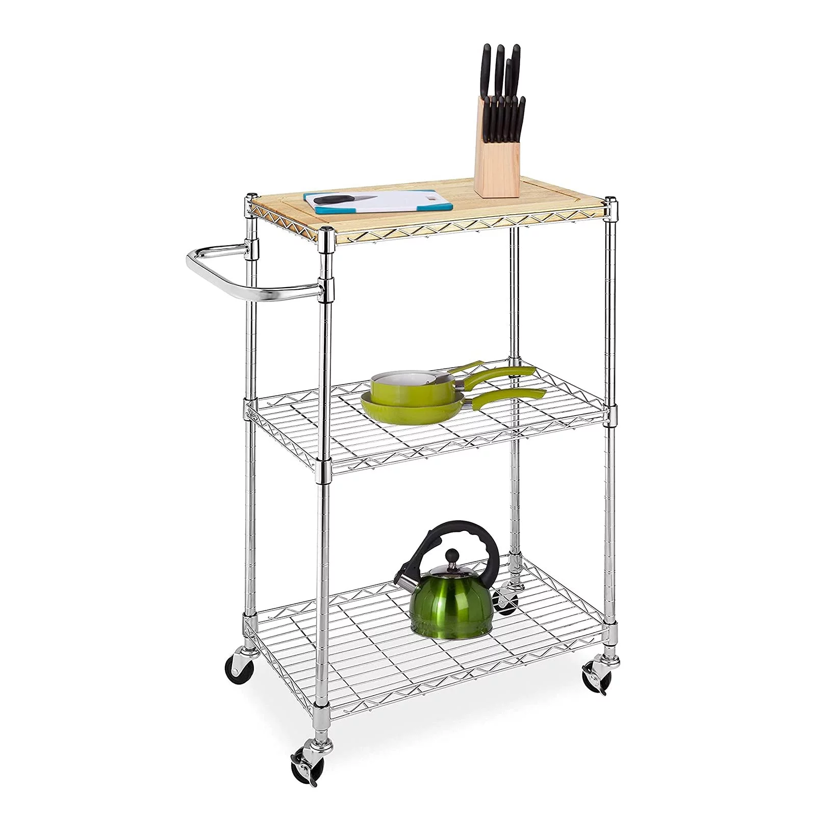 Kitchen Microwave Cart on Wheels, Wire Rolling Cart with Handle Bar, 3 Tier Bakers Rack with Wood Table, Height Adjustable Shelves, 24L x 14W x 33.5H Inches, Chrome/Wood