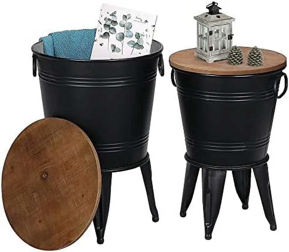Farmhouse Accent End Table  Rustic Antique Galvanized Side Coffee or Cocktail Table   Metal Bin with Round Wood Lid Set of 2 (Distressed White)