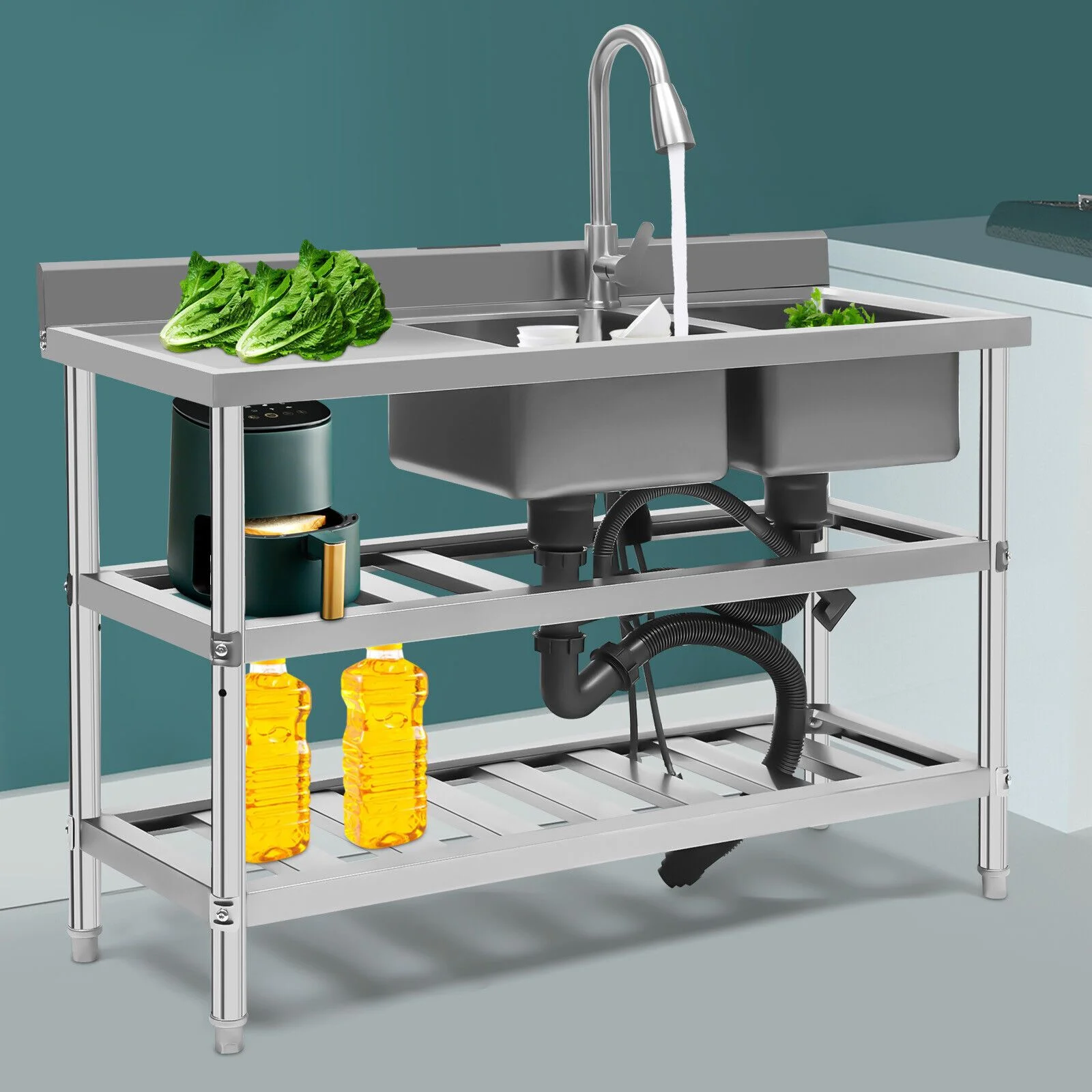 Commercial Restaurant Kitchen Sink Double Bowl Sink With 2 Shelves 201 Stainless Steel Utility Sink Free-standing Sink & Faucet Combo With Strainer (Double Bowl)