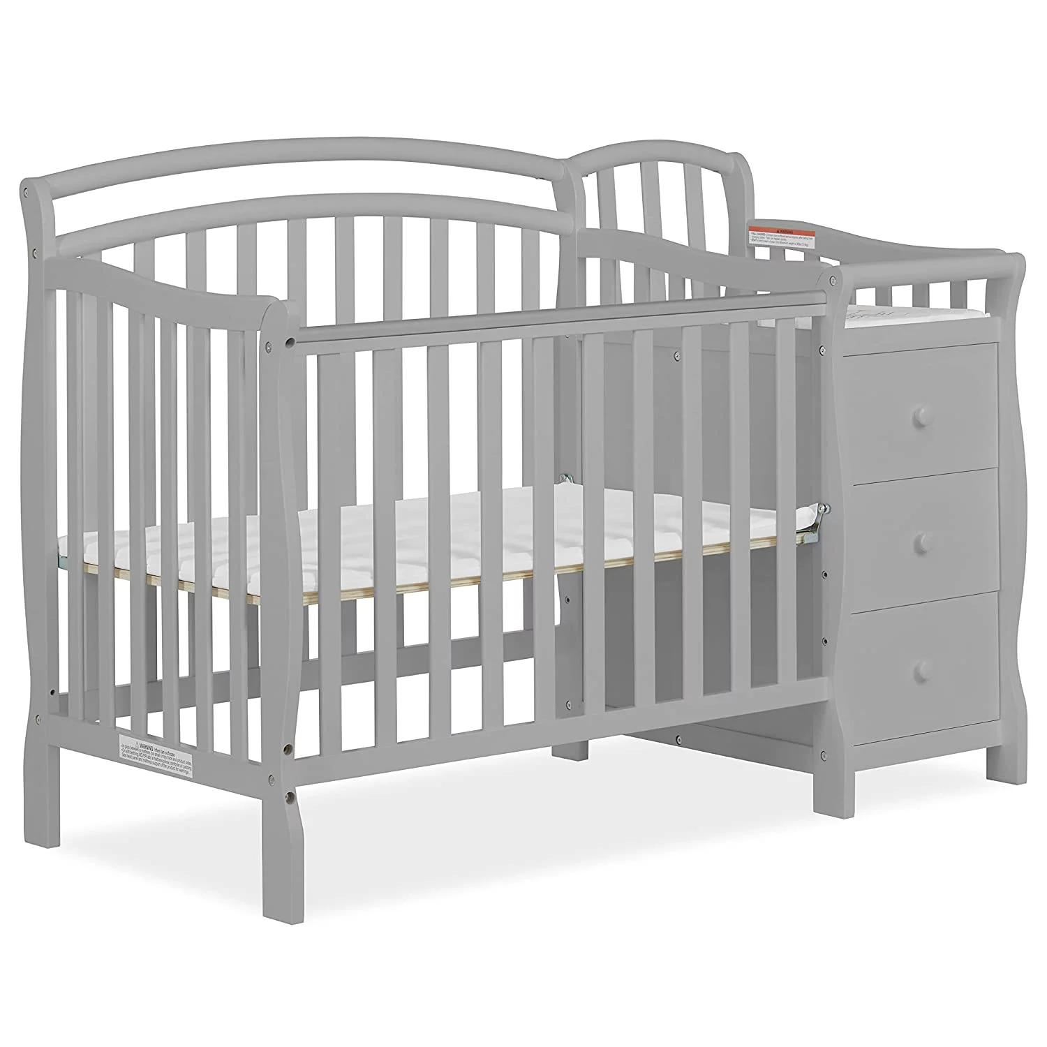 Casco 3-in-1 Mini Crib and Changing Table in Pebble Grey, Convertible Crib, Made of Pinewood, Three Position Adjustable Mattress Height Settings