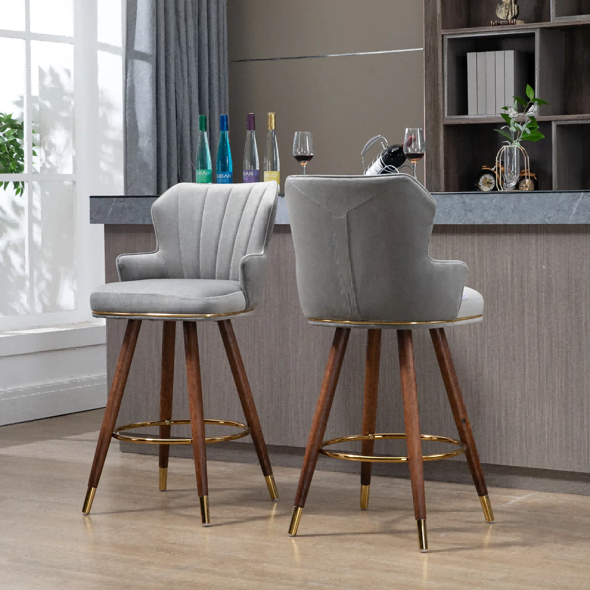 Upholstered Bar Stools, Counter Height Bar Stool Chairs with Solid Wood Legs and Backrest Kitchen Island Padded Barstools with 360-degree Footrest High Dining(Gray,Set of 2)