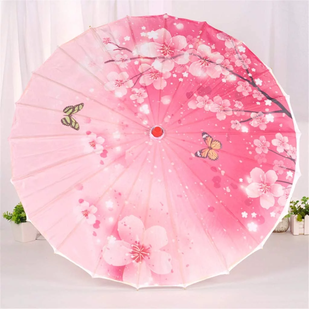 NAMZI Chinese Flowers Parasol Umbrella,22 inch Asian Japanese Silk Cloth Rainproof Stick Umbrella Cherry Blossom Sakura Floral Bamboo Umbrella for Weddings Party Decoration Sun Protection (Pink)