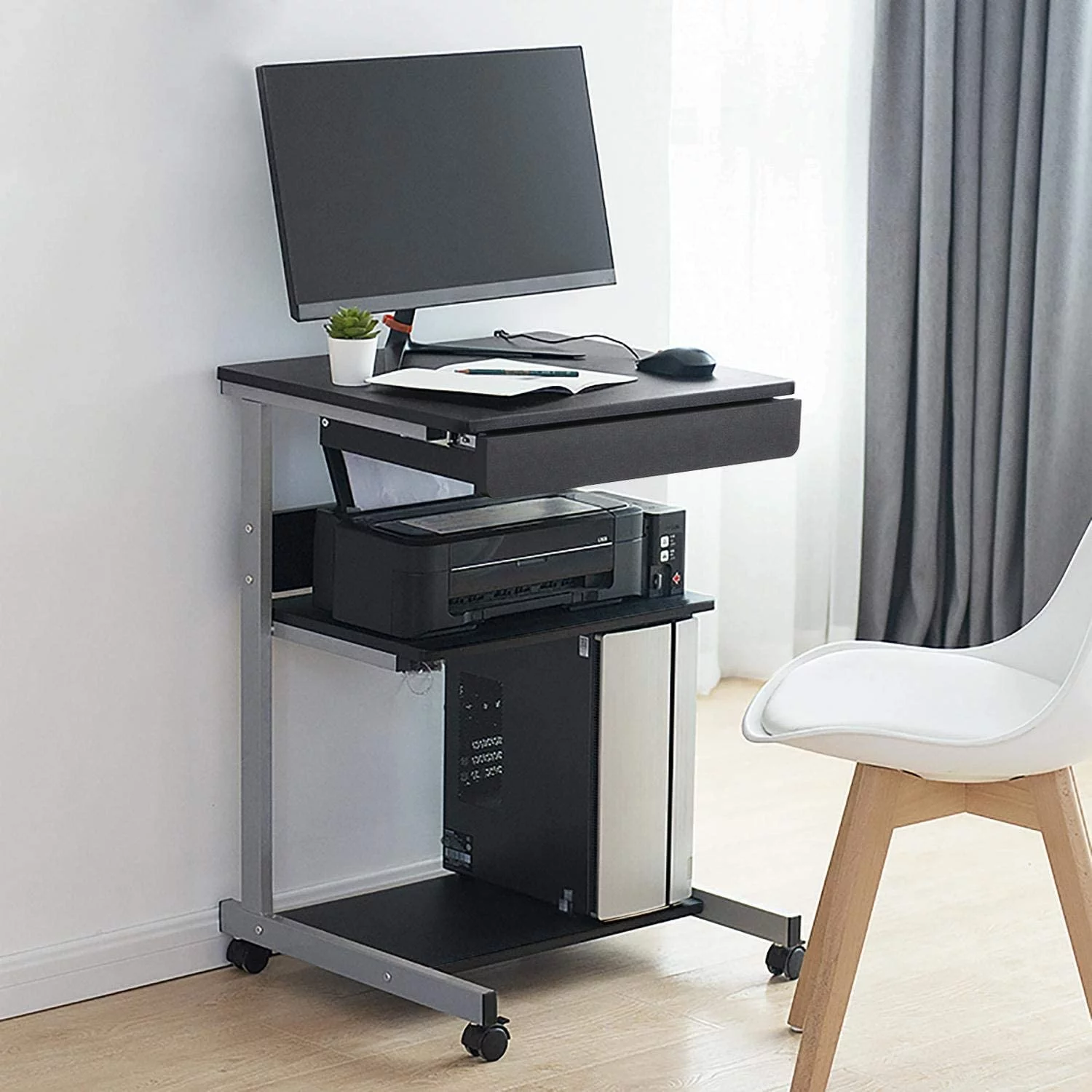 Mobile Computer Desk Cart, Small Rolling Laptop Desk PC Table Workstation with Drawer and Printer Shelf, Writing Desk Table for Small Space/Home Office
