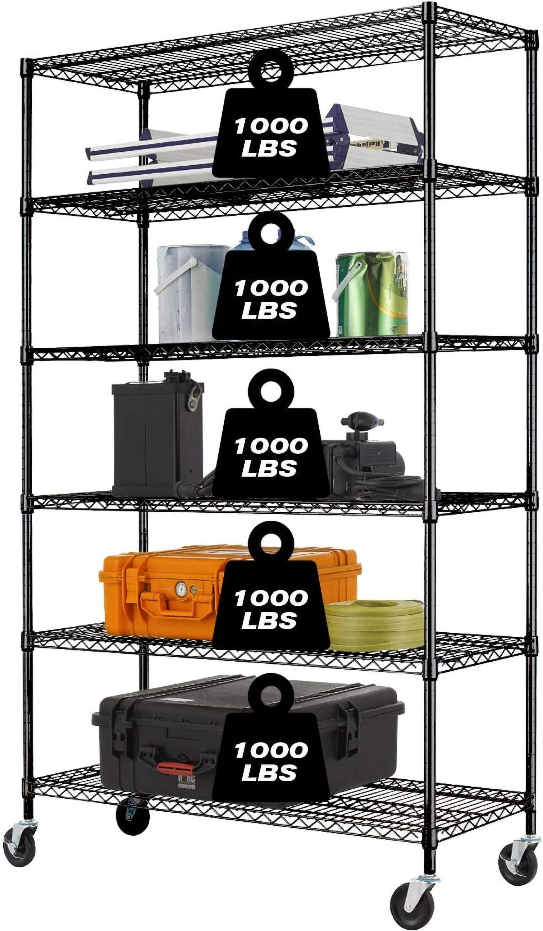 HYHBIBOOM 6-Tier   Heavy Duty Wire Shelving Unit 76"x48"x18" Height Adjustable Metal Steel Wire with Casters for Restaurant Garage Pantry Kitchen Rack (Black)