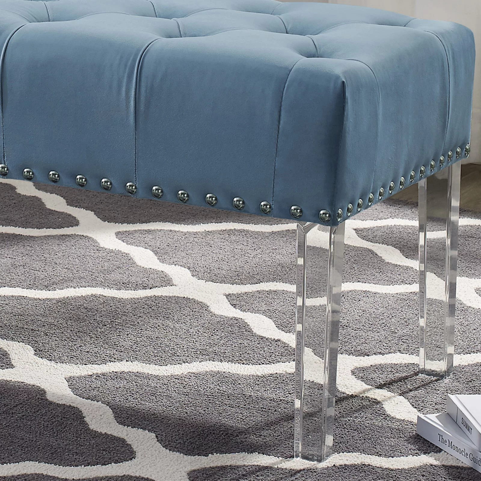 Roundhill Furniture Valley Button-Tufted Velvet Bench with Acrylic Leg in Blue