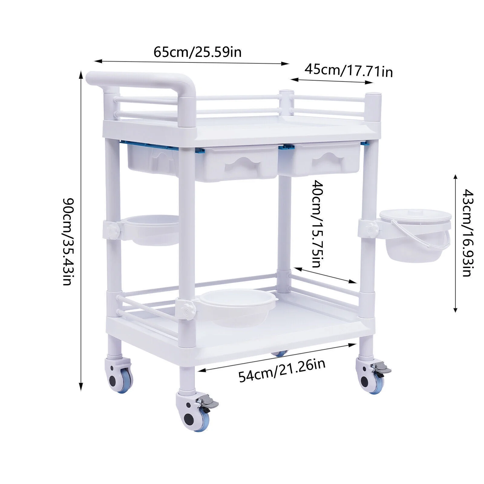 ZhdnBhnos 2 Tier White Rolling Medical Trolley Dental Mobile Utility Cart with 360° Rotate Wheels For Hospital Clinic Beauty Salon