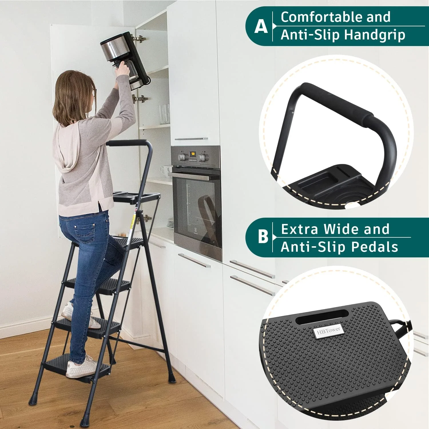 4 Step Ladder with Tool Tray, Folding Step Stool with Wide Non-Slip Pedal and Comfort Handgrip for Household and Office, Lightweight 330lbs Capacity Step Ladder, Black