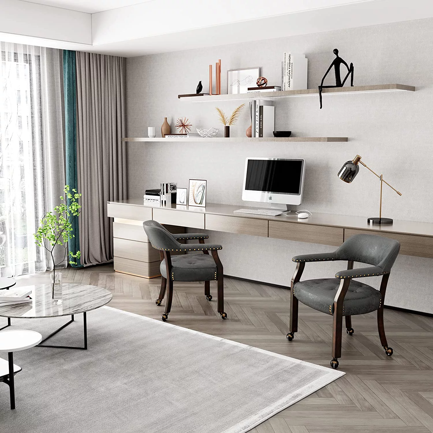 Big Dining Roller Chair with Arms, Solid Wood Office Table Side Chairs with Wheels, Boss Captains Rolling Chair, 26“Dx25.2 Wx31.5“H, Espresso&Grey Fabric, 318GY