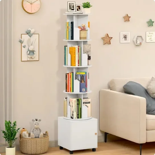 Storage Shelf Rotating Bookshelf Bookcase 360 Display Bookshelf Floor Standing Bookcase Storage Rack Tower Living Room Book Home (White)