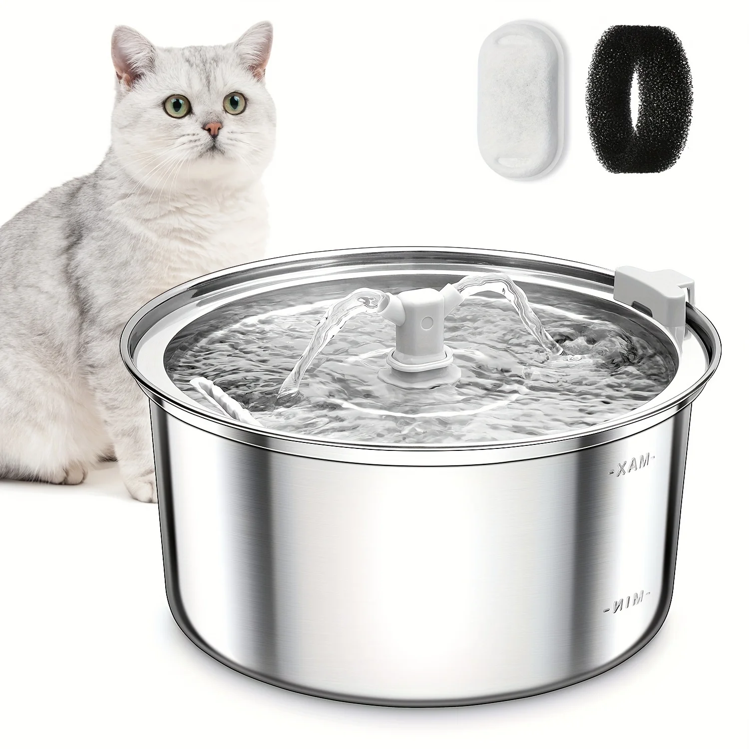 Cat Water Fountain Stainless Steel, 3.2L/108oz Pet Water Fountain for Cats Inside with Two Faucets, Ultra-Quiet Pump Pet Water Dispenser for Cats, Dogs, Multiple Pets, Dishwasher Safe