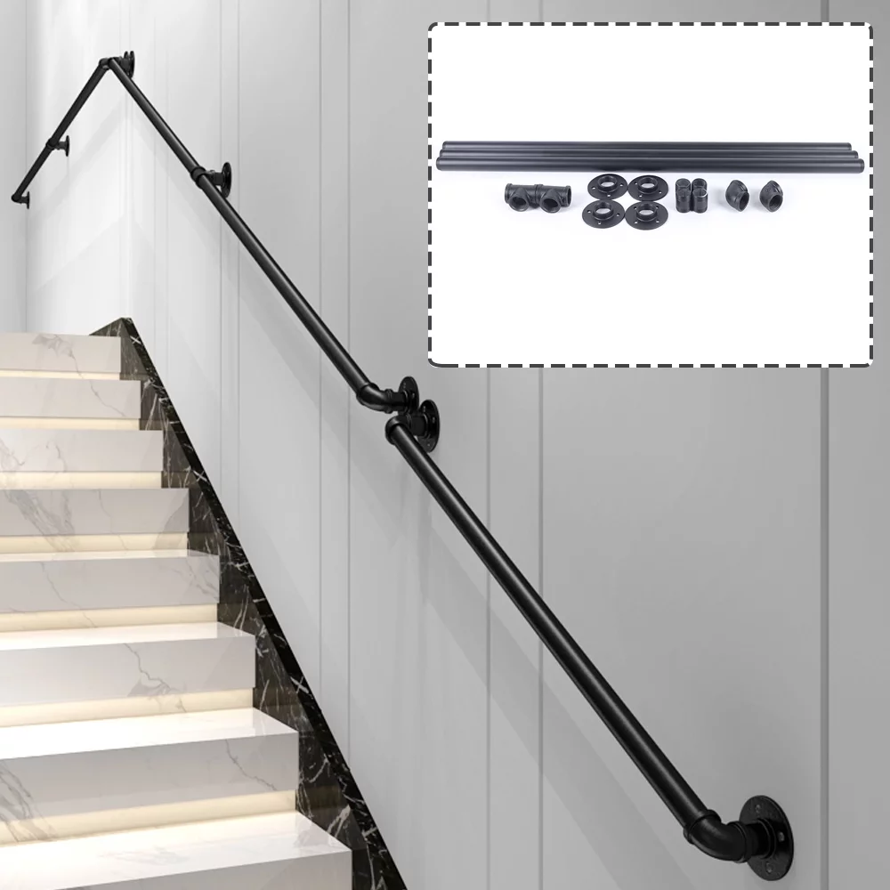 Anqidi 10Ft Stair Handrail Wall Handrail for Steps Loft Stair Rail Black Industrial Iron Pipe Staircase Hand Railing Kit for Stairs Indoor/Outdoor