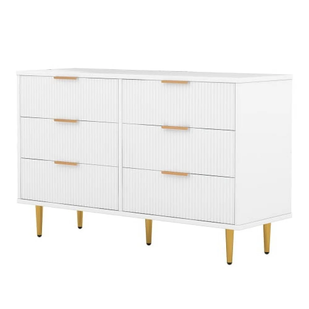Motent 6 Drawer Dresser with Metal Leg and Handle for Bedroom, Storage Cabinet with Vertical Stripe Finish Drawer, White