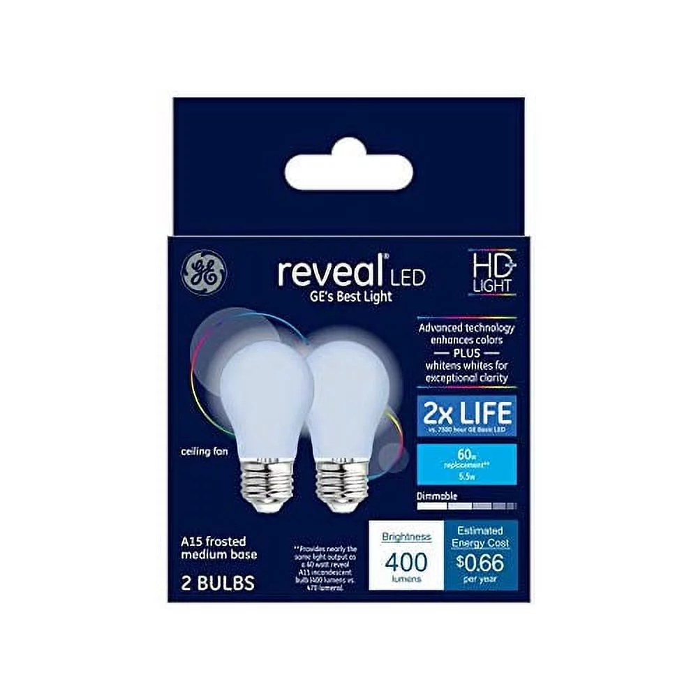 (2-Pack) GE Reveal 60-Watt equivalent A15 Color-Enhancing Dimmable LED Light Bulb