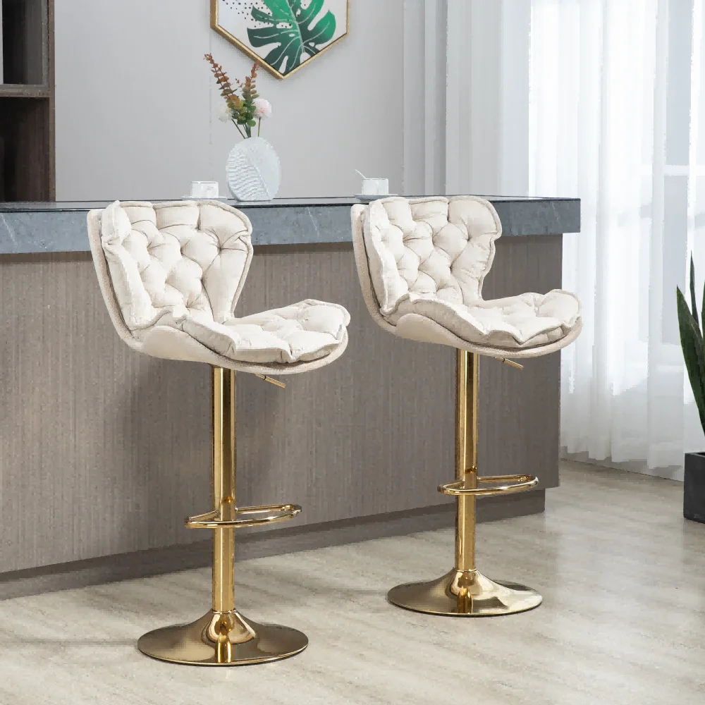 Modern Velvet Tufted Kitchen Stool with Golden Base, Swivel Bar Stools, Adjustable Bar Chair with Back Tufted Stool for Home Bar Kitchen Island(Ivory,Set of 2)