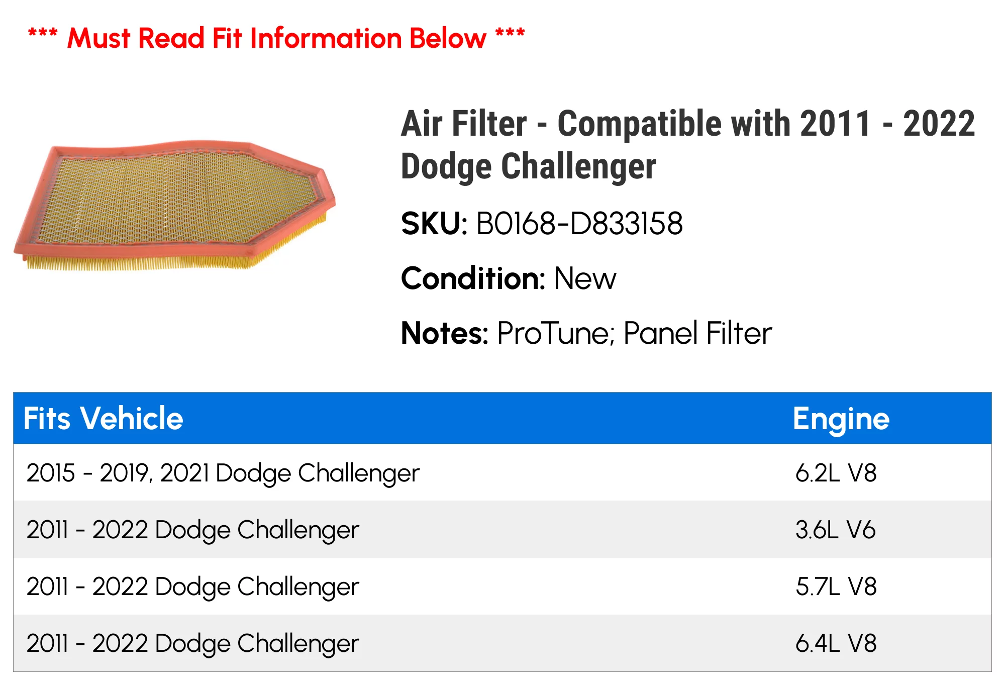 Air Filter - Compatible with 2011 - 2022 Dodge Challenger 2012 2013 2014 2015 2016 2017 2018 2019 2020 2021