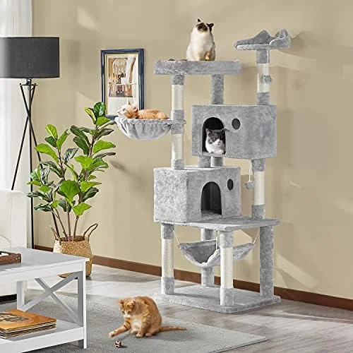 Yaheetech 64.5in Extra Large Multi-Level Cat Tree Kittens Play House Condo with Platform, Perch Hammock & Scratching Posts, Light Gray