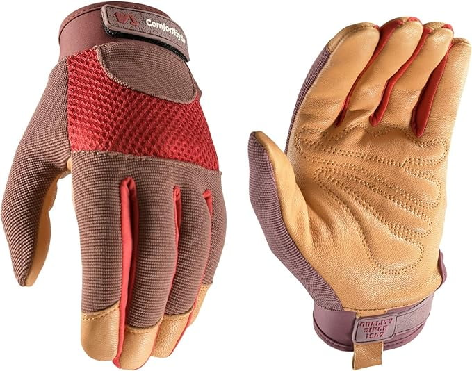 Wells Lamont Women's Breathable ComfortHyde Leather Hybrid Work Gardening Gloves, Small (7872S), Red