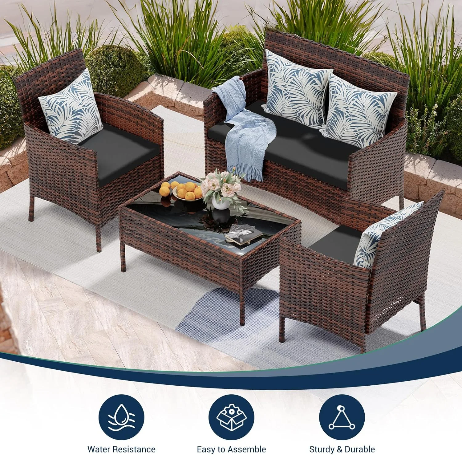 ECOPATIO Patio Furniture Set 4 Pieces Porch Furniture Outdoor Modular Wicker Patio Sectional Conversation Furniture Set for Backyard,Porch,Garden,Poolside and Balcony(Grey)