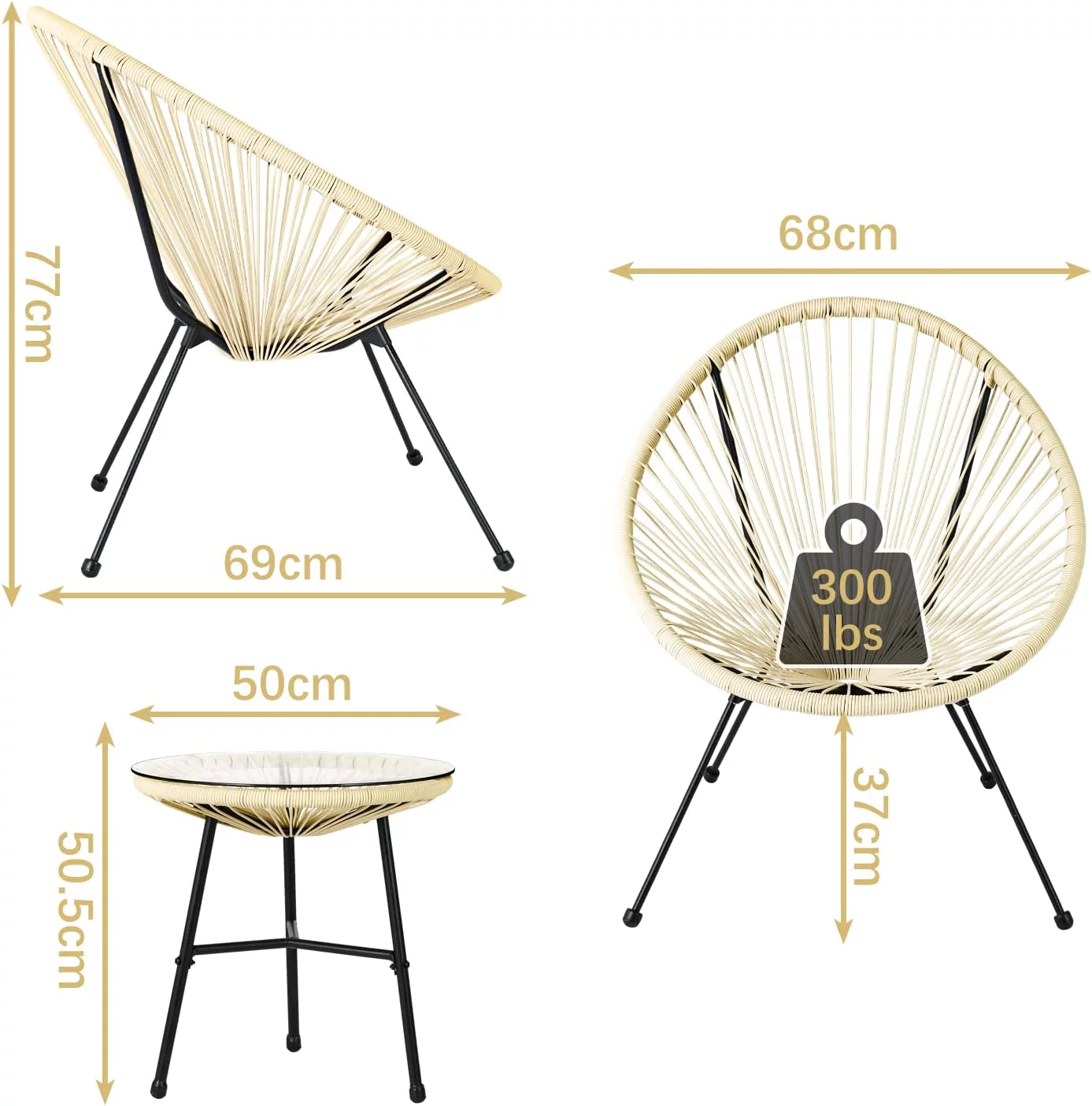 Increkid 3-Piece All-Weather Patio Woven Rope Acapulco Bistro Furniture Set