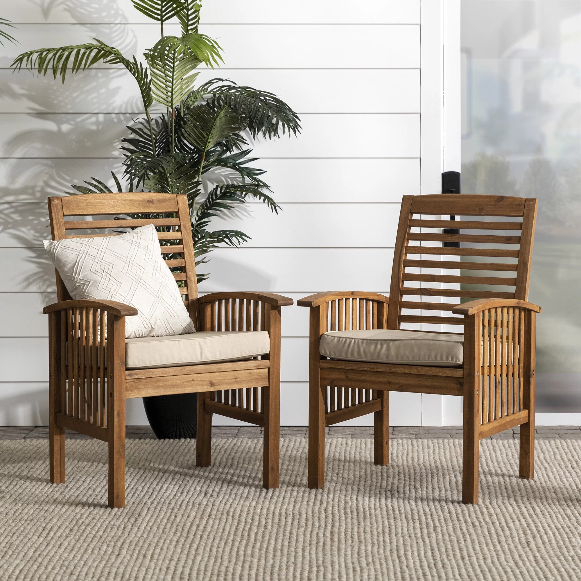 Wood Patio Chairs in Brown with Cushion - Set of 2