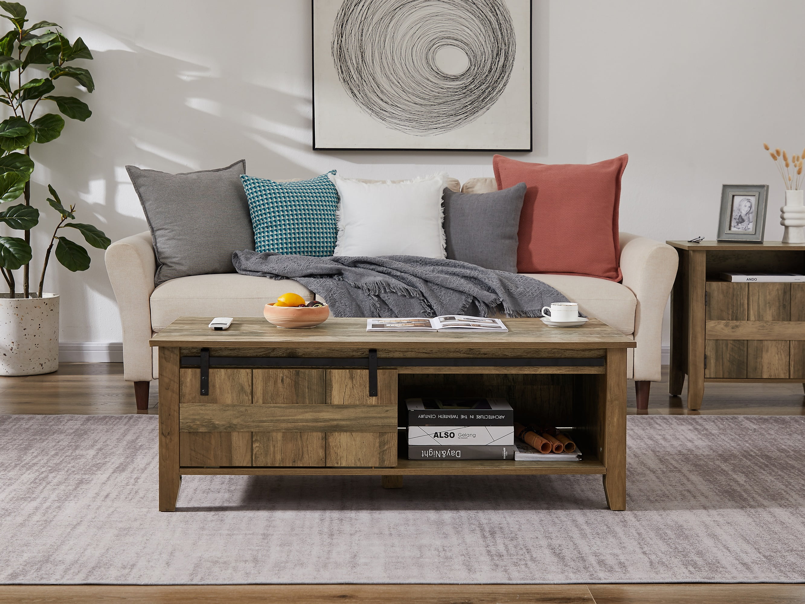 HUTWIFE Farmhouse Storage Coffee Table,Industrial Wooden Center Tables with Sliding Barn Doors (Oak)