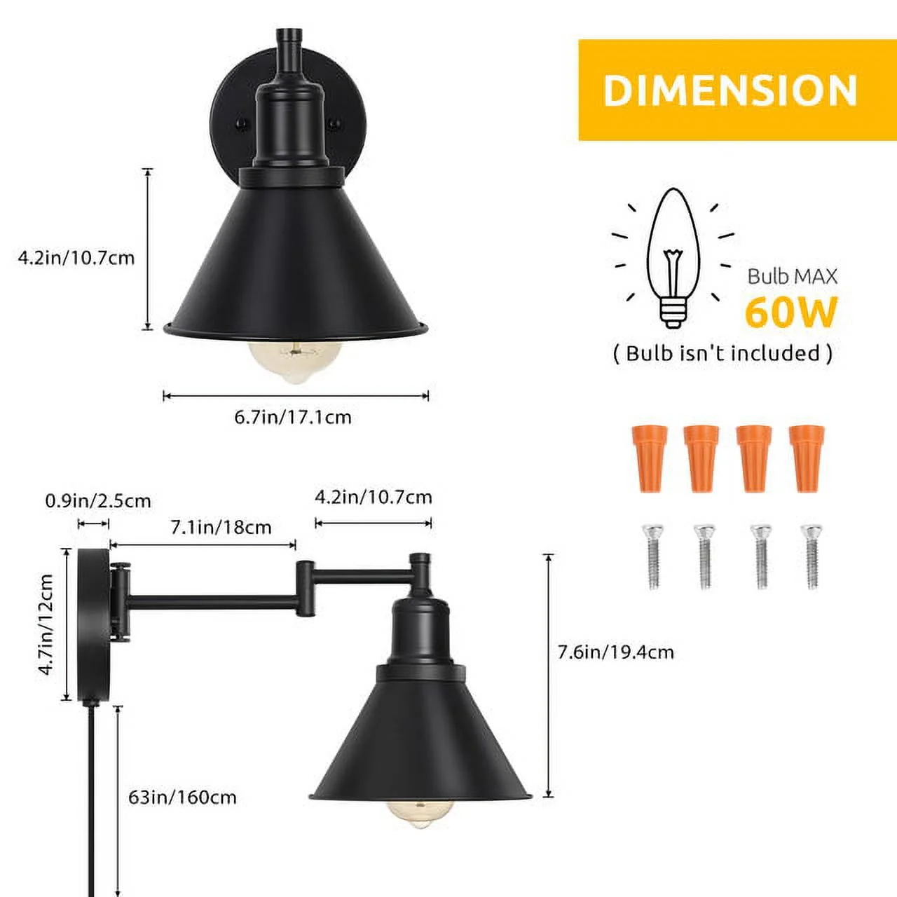 Wadavr Swing Arm Wall Lamp Plug-in or Hard-Wired， Industrial Wall Sconce Vintage Antique Style，Black （2 count）