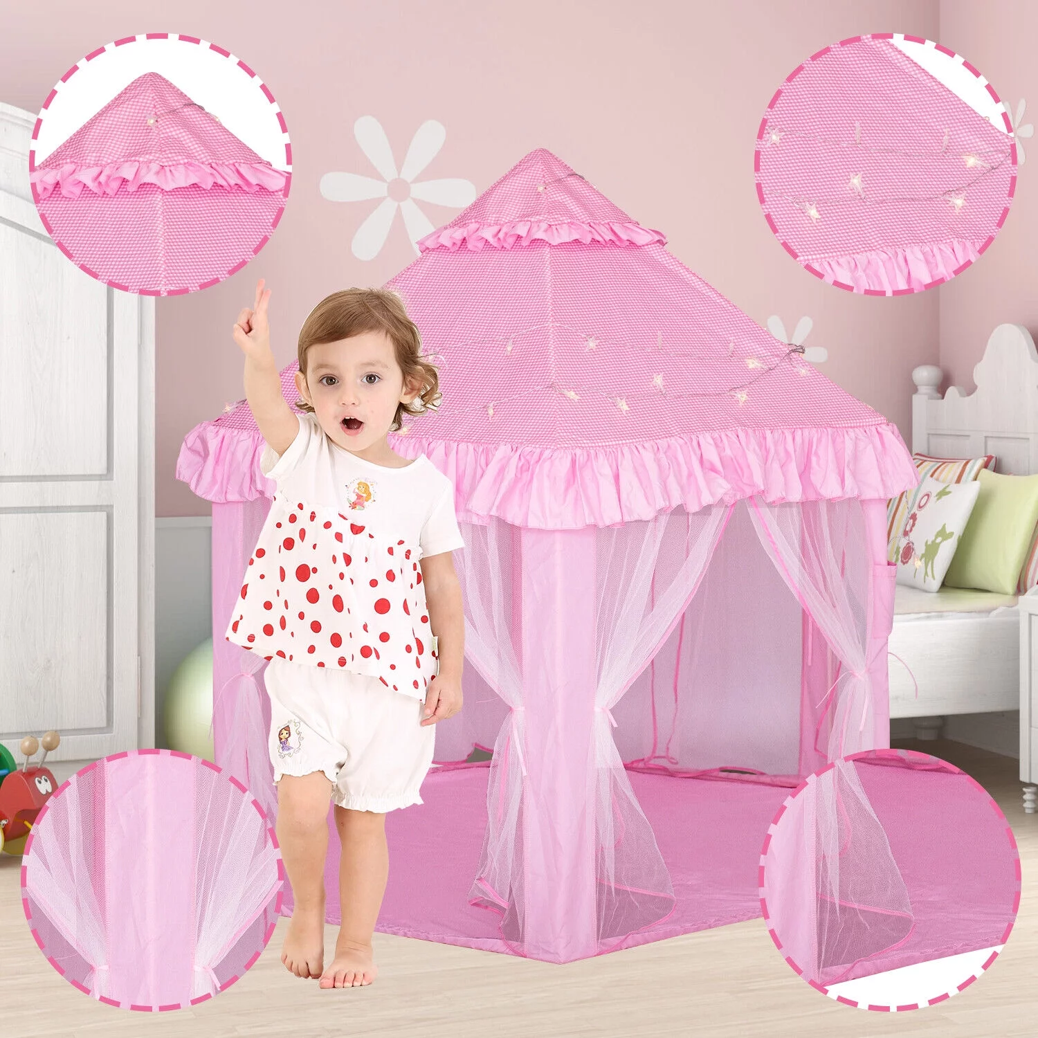 TOPCHANCES Princess Castle Play Tents for Girls, Kids Playhouse Play Tent with Led String Lights,