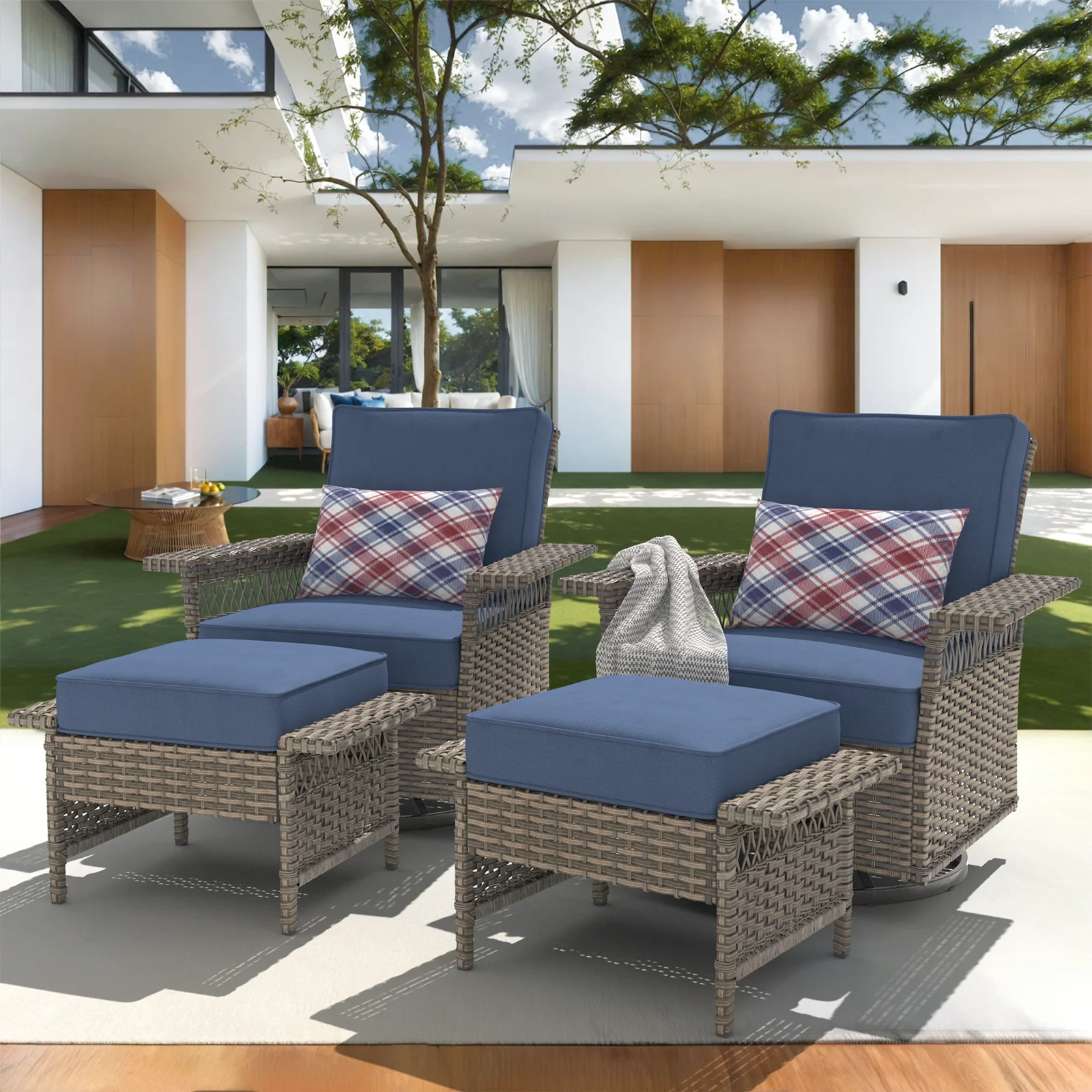 Buenhomino 4-Piece Outdoor Conversation Sets, 2pcs Wicker Swivel Gliders with 2pcs Ottomans, Patio Seating Furniture with Navy Cushions, Grey Wicker