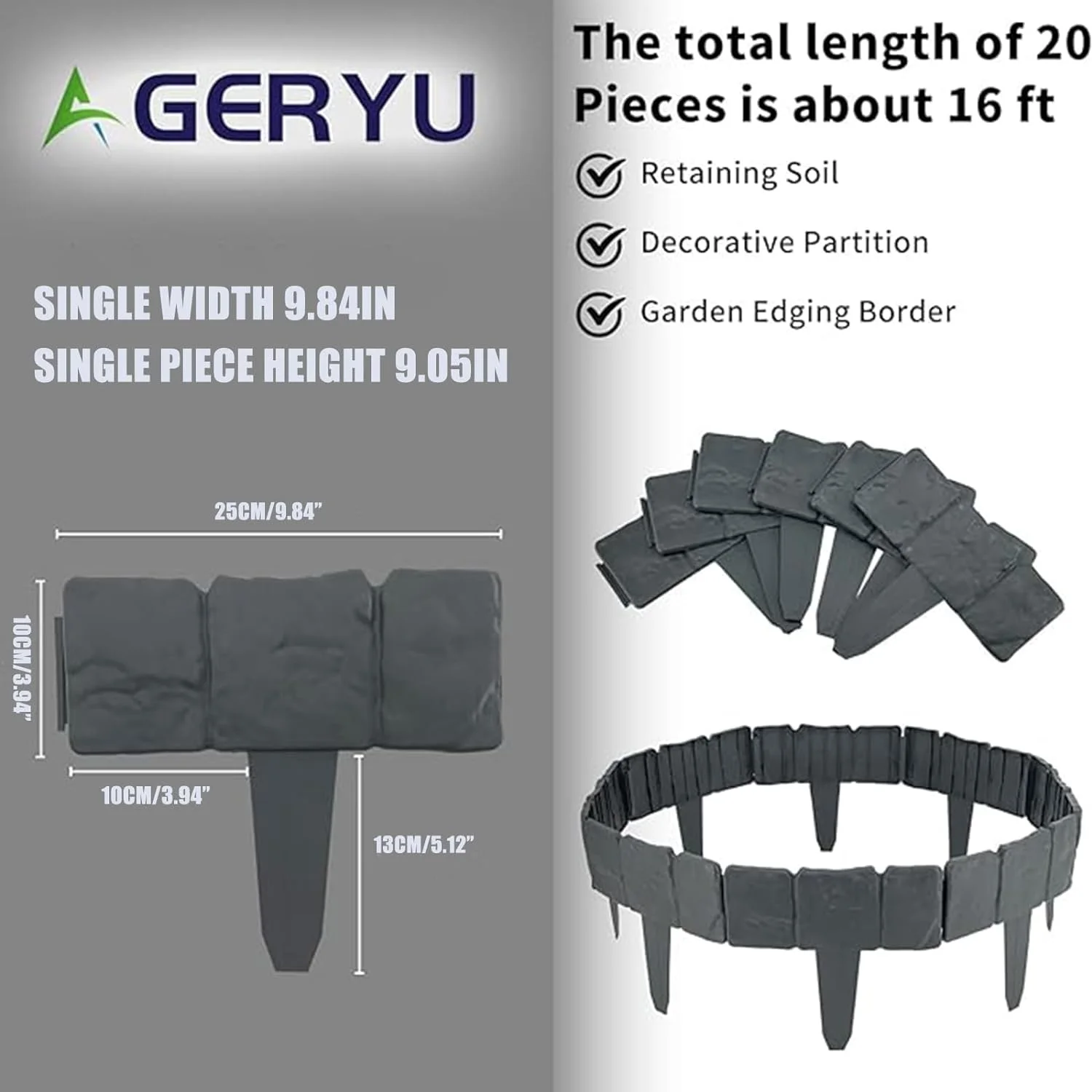 WAZIFLY 10 Pcs Garden Landscape Edging,Edging Border No Dig,DIY Garden,Gray