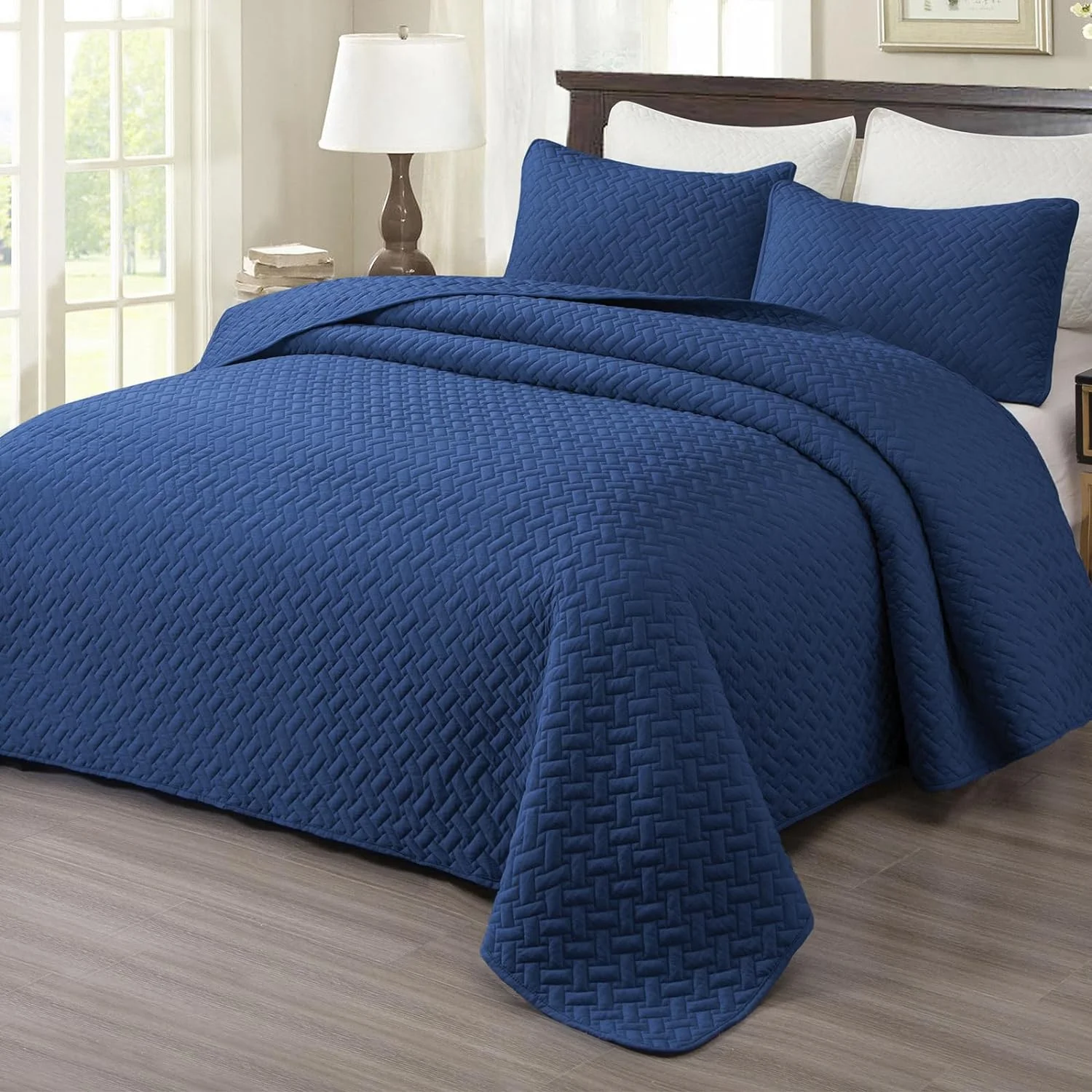 Queen Quilt Set 3 Pieces Pre-Washed Microfiber Bedspreads for All Season, Lightweight and Reversible Coverlet (Basket Weave, Navy)
