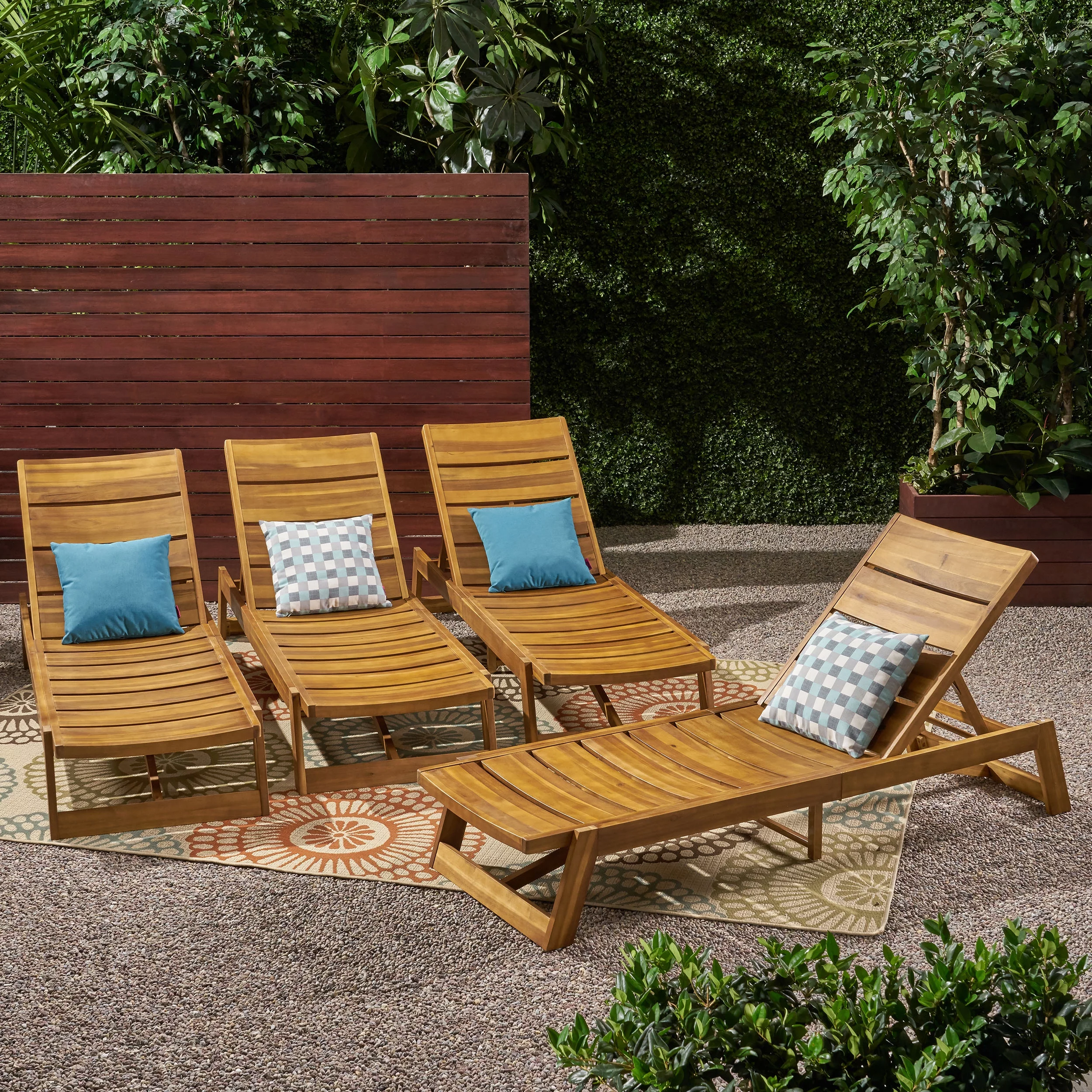 GDF Studio Lillian Outdoor Acacia Wood Armless Adjustable Chaise Lounges, Set of 4, Teak and Yellow